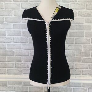 Belldini Black Knit Sleeveless Top Fold Over Collar Rhinestone Zipper NEW XL